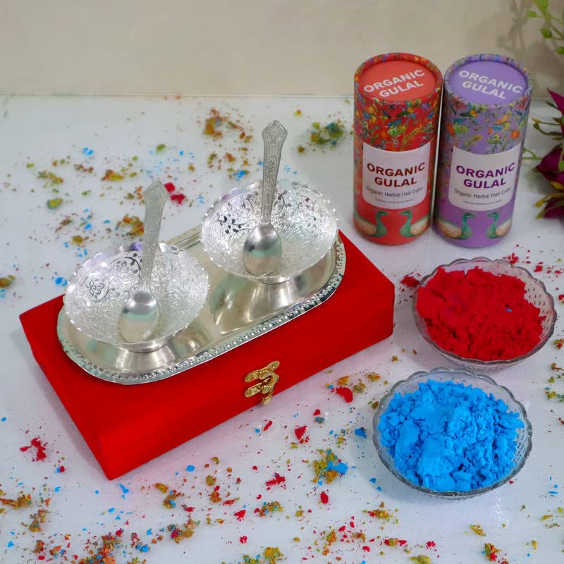 Piepot l Holi Gulal with German Silver Plated Bowl l Set of 5pc l Holi Colour l Gulal Color l Engraved Flower Shape 100 GMS X 2 Gulal Box Asstd Color - Image 3