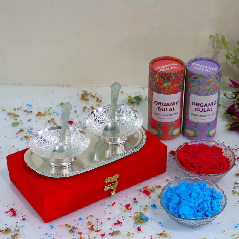 Piepot l Holi Gulal with German Silver Plated Bowl l Set of 5pc l Holi Colour l Gulal Color l Engraved Flower Shape 100 GMS X 2 Gulal Box Asstd Color - Image 2