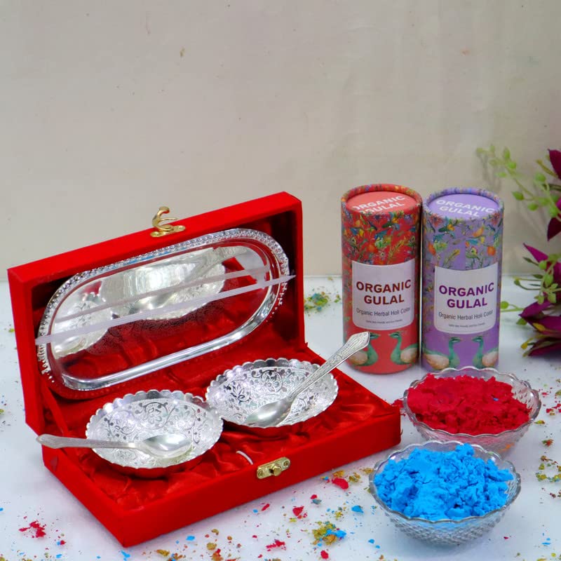 Piepot l Holi Gulal with German Silver Plated Bowl l Set of 5pc l Holi Colour l Gulal Color l Engraved Flower Shape 100 GMS X 2 Gulal Box Asstd Color - Image 5
