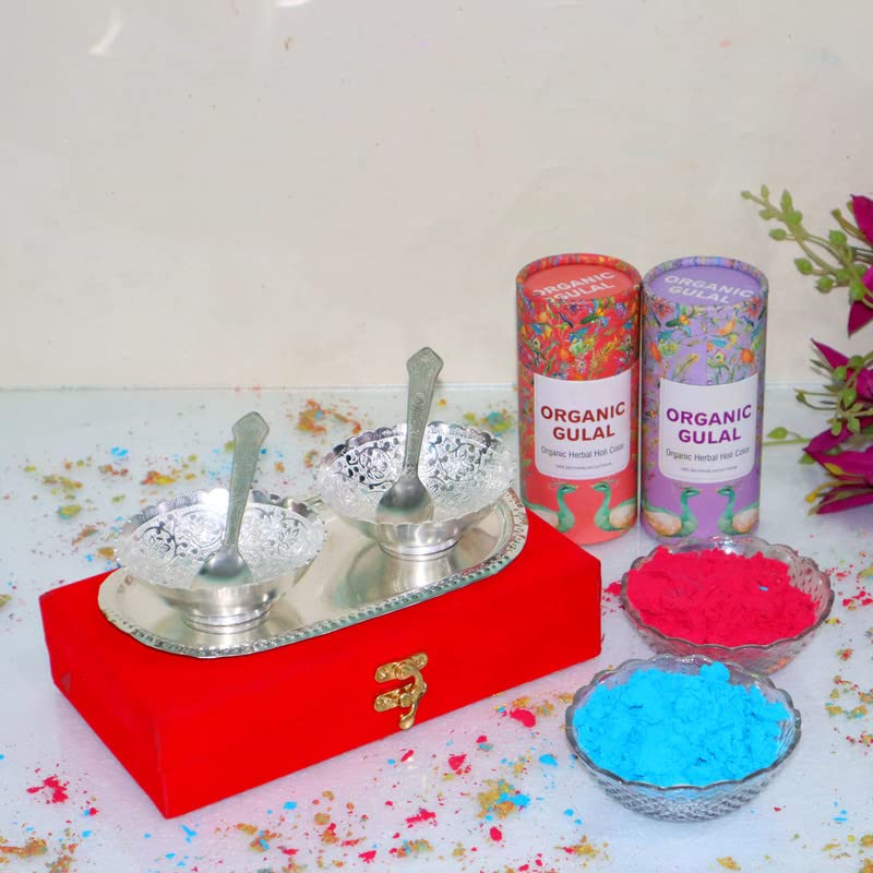 Piepot l Holi Gulal with German Silver Plated Bowl l Set of 5pc l Holi Colour l Gulal Color l Engraved Flower Shape 100 GMS X 2 Gulal Box Asstd Color - Image 1