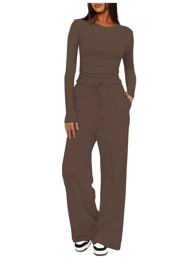 general 2025-2026 TK Solid Color Casual Long-Sleeved Settop Coat High-Waisted Wide-Fitting Pants Sports Outfit - Image 1