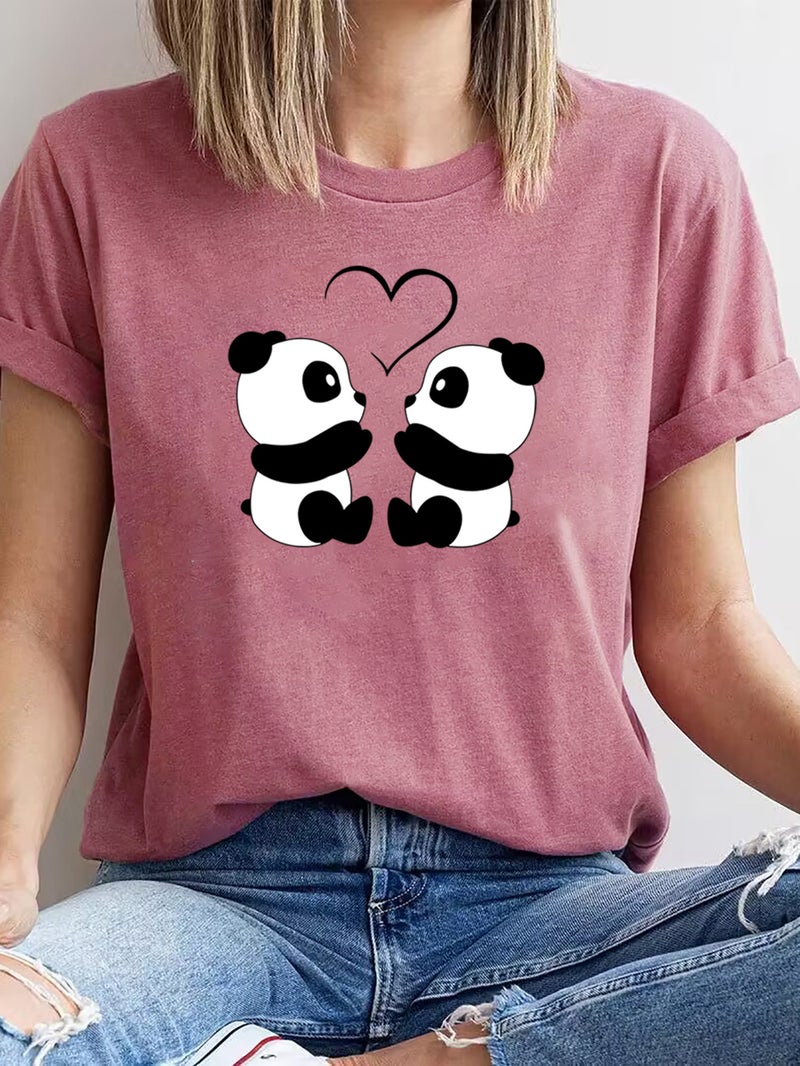Foreign trade Independent Station Women's top Round Neck Cartoon Panda Print Short-sleeved t-shirt - Image 1