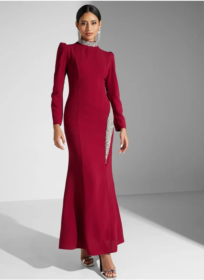 Akadia Fashion Embellished Cape Sleeve Dress