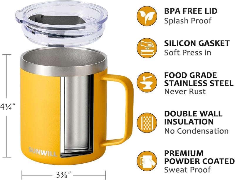 SUNWILL Insulated Coffee Mug with Lid, Travel Tumbler with Handle, 14 oz Stainless Steel Cup for Camping, Office, Home, Powder Coated Yellow - Image 2