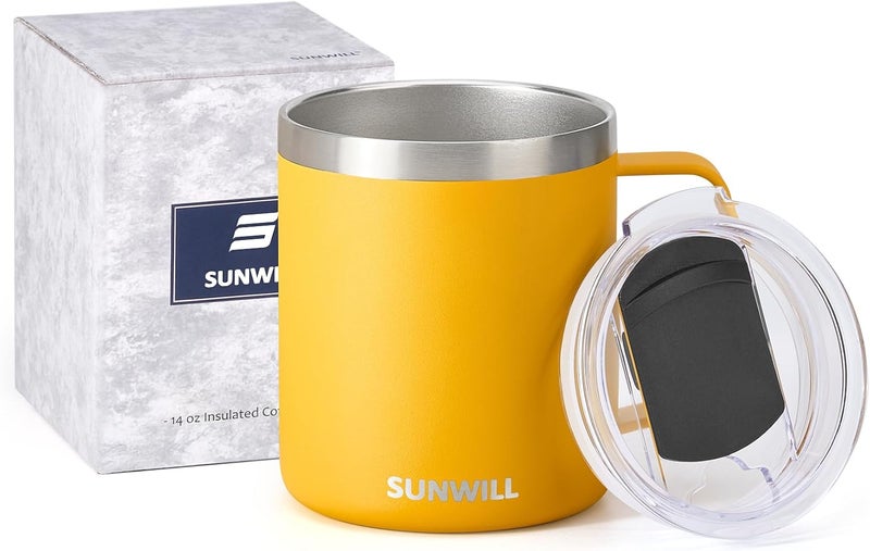 SUNWILL Insulated Coffee Mug with Lid, Travel Tumbler with Handle, 14 oz Stainless Steel Cup for Camping, Office, Home, Powder Coated Yellow - Image 5