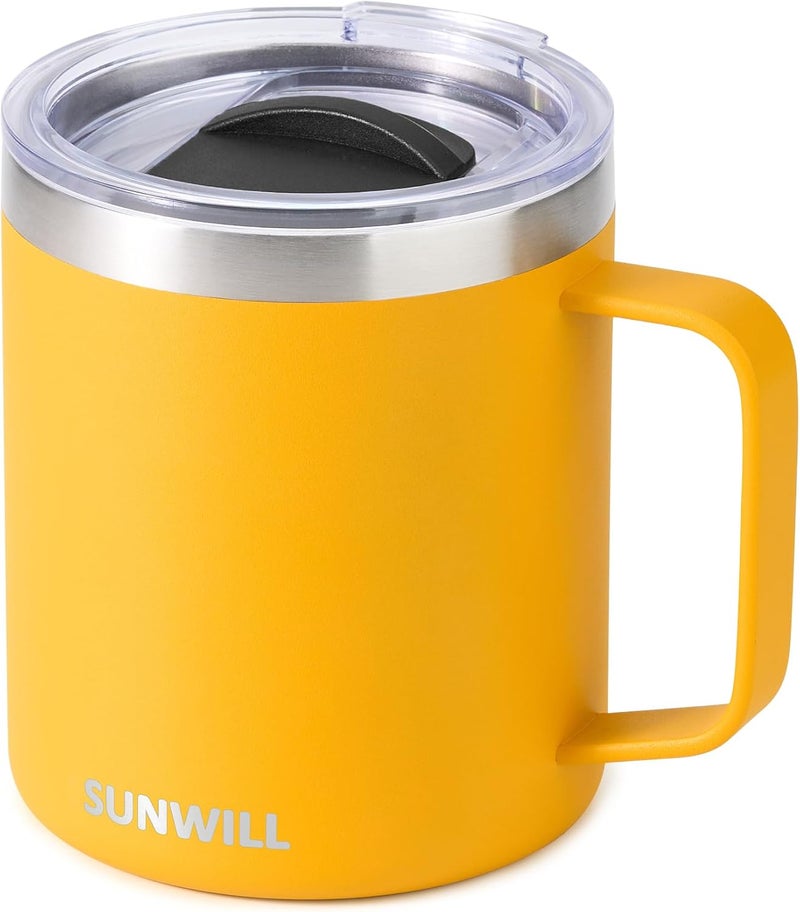 SUNWILL Insulated Coffee Mug with Lid, Travel Tumbler with Handle, 14 oz Stainless Steel Cup for Camping, Office, Home, Powder Coated Yellow - Image 1