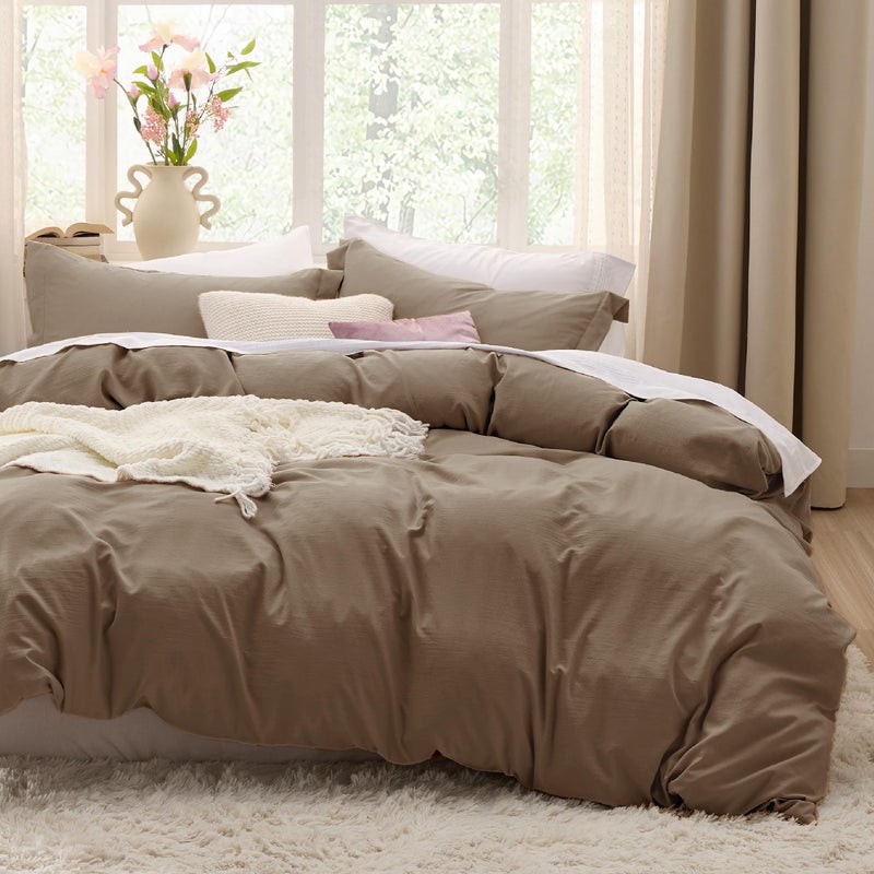 Bedsure Coffee California King Duvet Cover - Prewashed Cotton-Like Polyester Extra Soft Bedding Set, Includes 1 Cal King Duvet Cover 104''x98'' with Zipper Closure & 2 Pillow Shams, No Comforter - Image 1