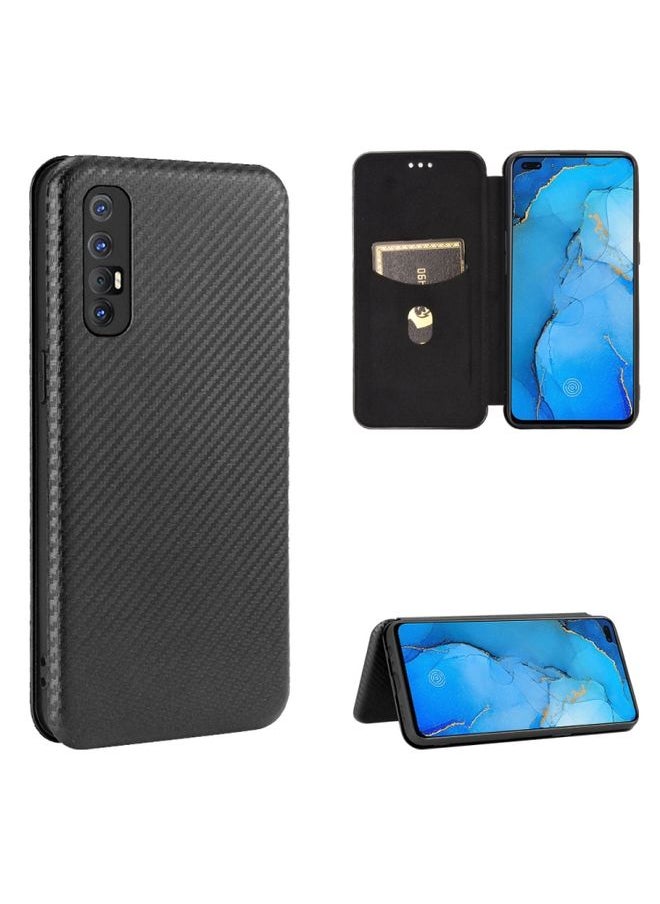 HuHa Case Cover For OPPO Reno3 Pro Overseas Version  India / Southeast Asia Carbon Fiber Texture Horizontal Flip TPU + PC + PU Leather Case with Card Slot & Lanyard Black 