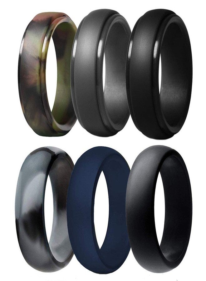 Finrray Silicone Wedding Ring for Men, 6 Pack Breathable Silicone Rubber Wedding Bands Durable Silicone Ring - 8.7 mm Wide(Camo,Navy Blue,Dark Grey,Black) (Camo,Blue,Dark Grey,Black, Size 13 - (22.33 mm)) - Image 1