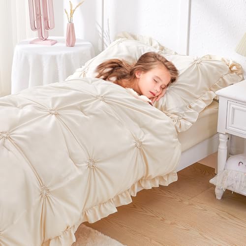 Wowelife Toddler Bedding Sets for Girls, 4-Piece Beige Toddler Bed Set Floral Ruffles Boho Bohemian Jacquard Includes Comforter, Fitted Sheet, Top Sheet and Pillowcase, Beige - Image 4