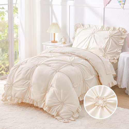 Wowelife Toddler Bedding Sets for Girls, 4-Piece Beige Toddler Bed Set Floral Ruffles Boho Bohemian Jacquard Includes Comforter, Fitted Sheet, Top Sheet and Pillowcase, Beige - Image 2
