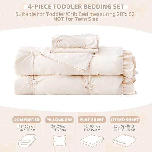Wowelife Toddler Bedding Sets for Girls, 4-Piece Beige Toddler Bed Set Floral Ruffles Boho Bohemian Jacquard Includes Comforter, Fitted Sheet, Top Sheet and Pillowcase, Beige - Image 5