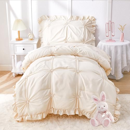 Wowelife Toddler Bedding Sets for Girls, 4-Piece Beige Toddler Bed Set Floral Ruffles Boho Bohemian Jacquard Includes Comforter, Fitted Sheet, Top Sheet and Pillowcase, Beige - Image 1
