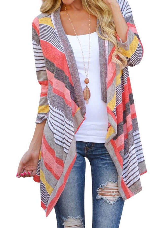 DEARCASE Cardigans for Women 3/4 Sleeve Casual Striped Printed Open Front Draped Loose Flowy Summer Fall Winter Kimono Cardigan Red Small - Image 1