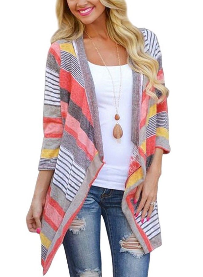 DEARCASE Cardigans for Women 3/4 Sleeve Casual Striped Printed Open Front Draped Loose Flowy Summer Fall Winter Kimono Cardigan Red Small - Image 2