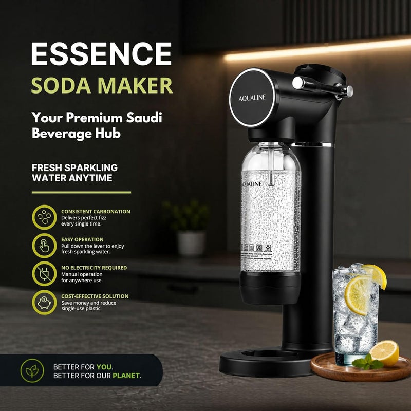 Aqualine Essence Sparkling Water Maker, Premium Kit | Home Soda Maker | 2x 60L CO2 Cylinders, 1L & 2x 500ml BPA-Free Bottles | Proudly Saudi | Black - Image 2