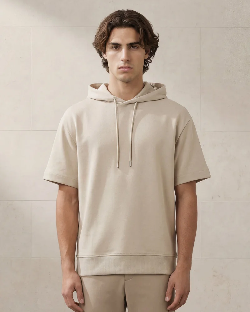 REDTAG Men Beige Interlock Hooded Lounge T Shirt