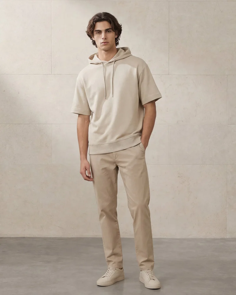 REDTAG Men Beige Interlock Hooded Lounge T Shirt