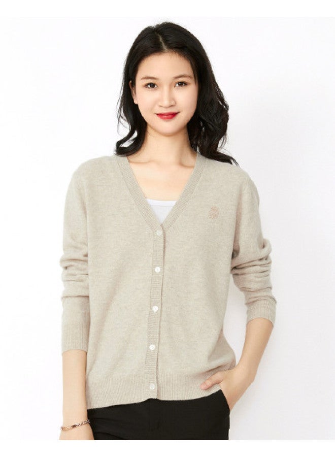 Hengyuanxiang Solid Color Rhinestone Pure Wool V-Neck Knitted Cardigan Warm Wool Cardigan Coat - Image 1