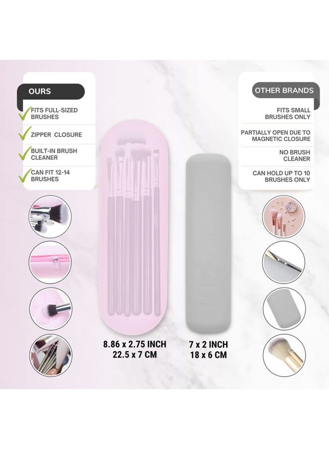 ECO-FUSED Travel Makeup Brush Holder with Zipper, 2 Pack, Silicon Trendy and Portable Cosmetic Face Brushes Holder, Soft and Sleek Makeup Tools Organizer for Travel (Pink & Black) - Image 2