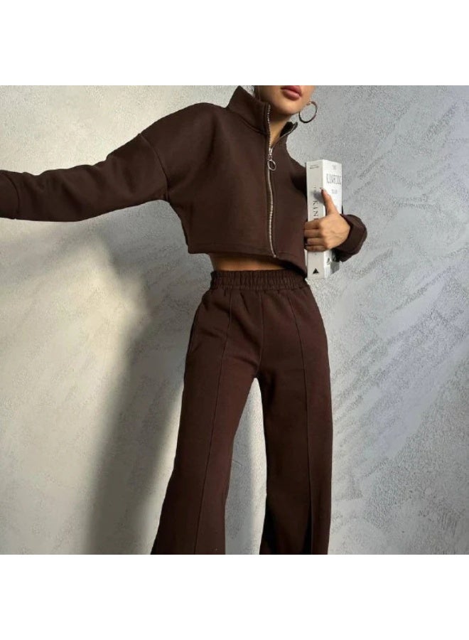 NIBEMINENT سترة نسائية عصرية ملونة صلبة شتوية مع ياقة عتيقة وأكمام طويلة مجموعة دافئة من هوديي الرياضة - Image 1