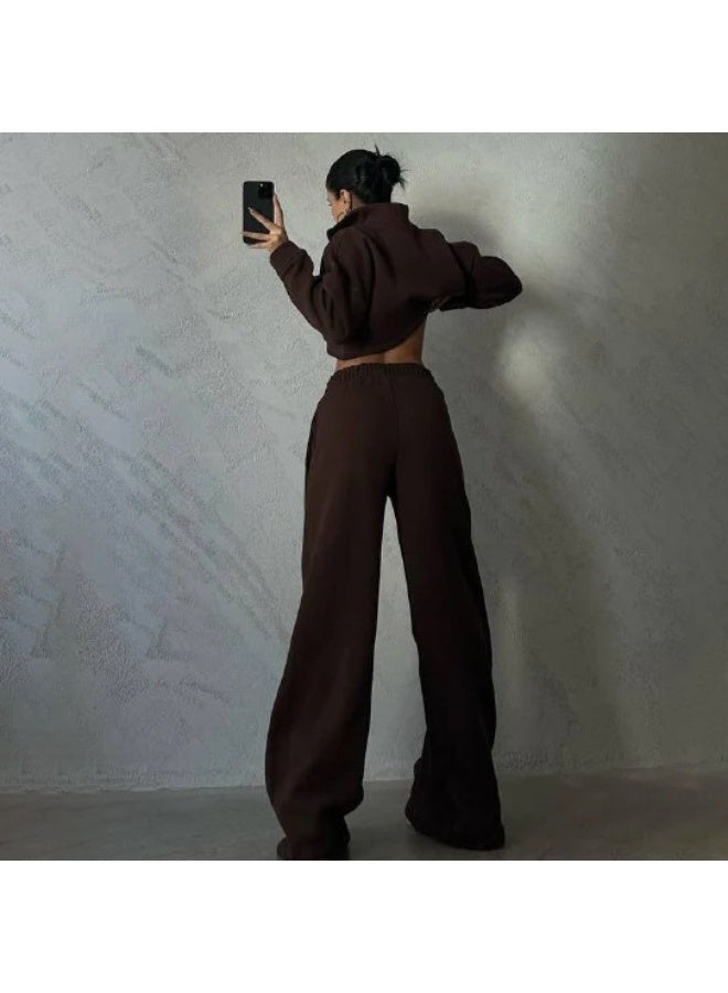 NIBEMINENT سترة نسائية عصرية ملونة صلبة شتوية مع ياقة عتيقة وأكمام طويلة مجموعة دافئة من هوديي الرياضة - Image 2