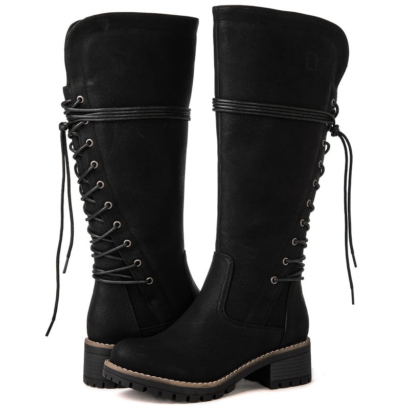GLOBALWIN Womenâ€™s Black Lace Up Back Boots Knee High Boots Fashion Boots For Women 7M - Image 1