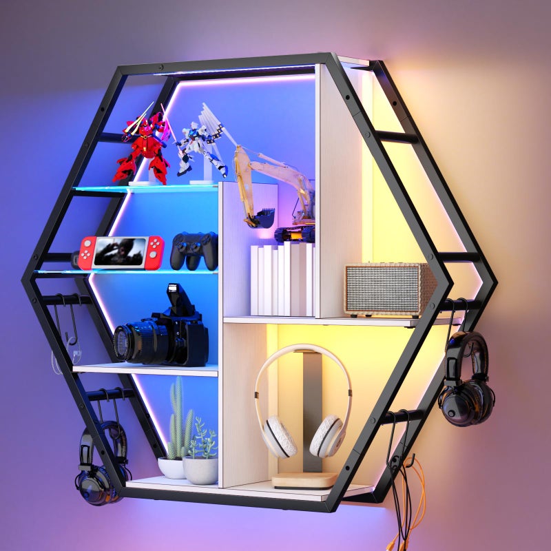 kepptory 39 inch Large Gaming Floating Shelves with LED Lights, 5 Tier Gaming Shelf for Wall with 2 Removable Glass Shelves, Wall Display Shelf Bookshelf with 8 Hooks for Bedroom, Game Room - Image 1