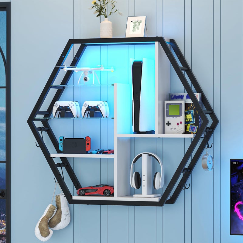 kepptory 39 inch Large Gaming Floating Shelves with LED Lights, 5 Tier Gaming Shelf for Wall with 2 Removable Glass Shelves, Wall Display Shelf Bookshelf with 8 Hooks for Bedroom, Game Room - Image 3