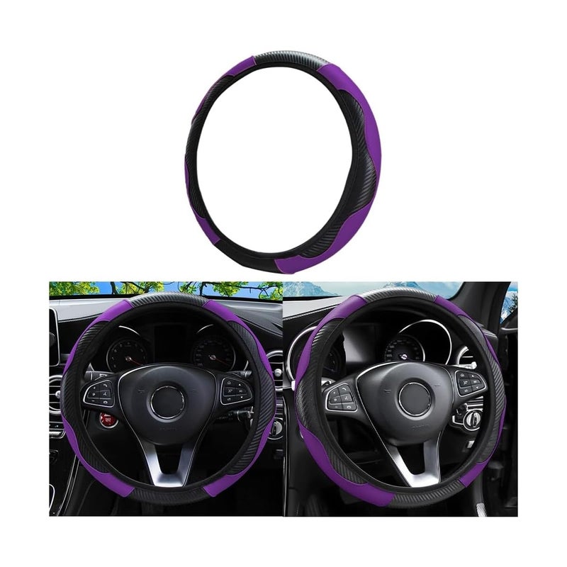 LoyaForba Car Steering Wheel Cover, Microfiber PU Leather Elastic Carbon Fiber Auto Steering Wheel Protector, 15 Inch Breathable Anti-Slip for Women Men, Car Interior Accessories for Most Cars (Black/Purple) - Image 1