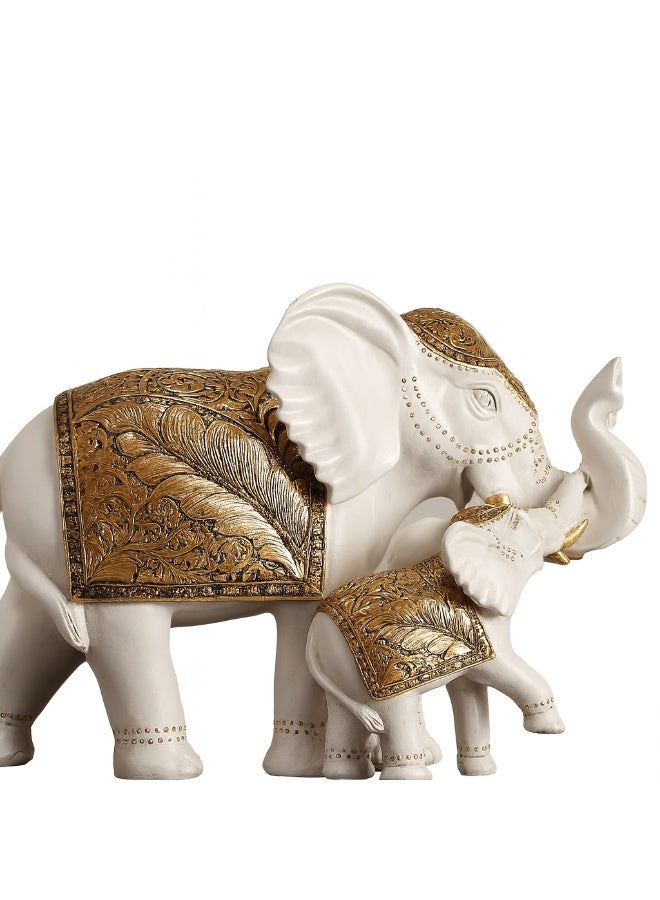 بيرام ديكور منزلي على الطراز الأوروبي من بيرام بطقم فيلين كبير وصغير باللون الأبيض والذهبي من الراتينج تماثيل فيل بخرطوم مرفوع لجلب الحظ لغرفة المعيشة وغرفة النوم والمكتب والأرفف وهدية للانتقال إلى منزل جديد