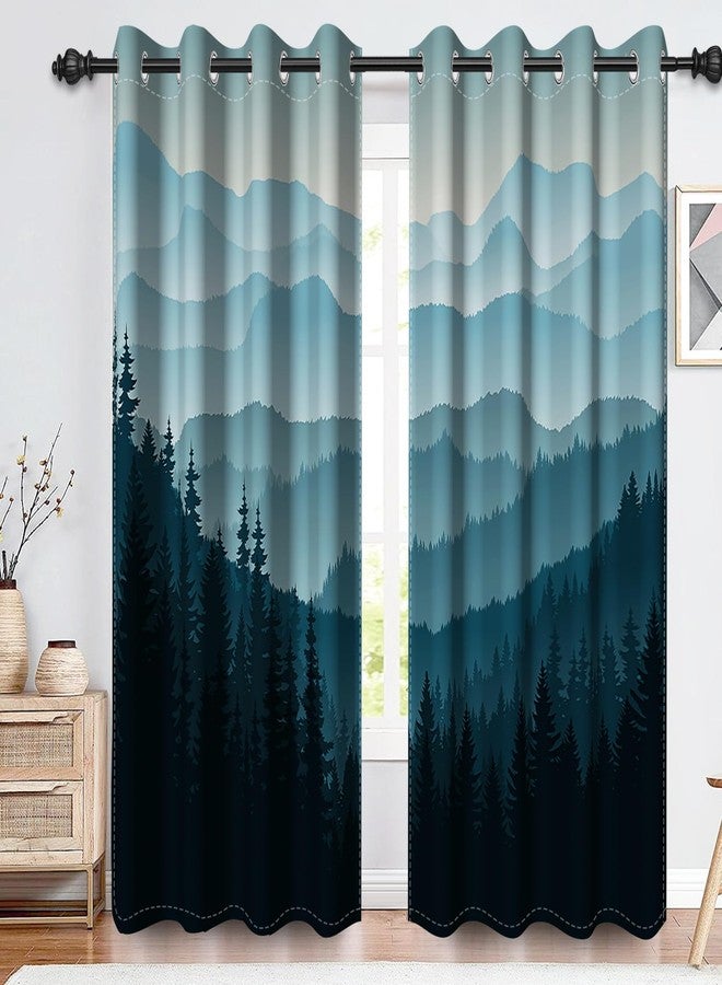 Renaiss Mountain Forest Blackout Curtains for Bedroom Blue Abstract Misty Trees Woodland Window Curtain Nature Landscape Window Drapes for Living Room Darkening Curtains 2 Panels Set, 42x63 Inch - Image 1