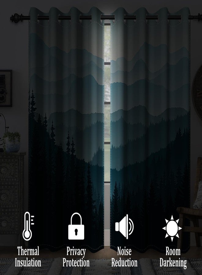 Renaiss Mountain Forest Blackout Curtains for Bedroom Blue Abstract Misty Trees Woodland Window Curtain Nature Landscape Window Drapes for Living Room Darkening Curtains 2 Panels Set, 42x63 Inch - Image 2