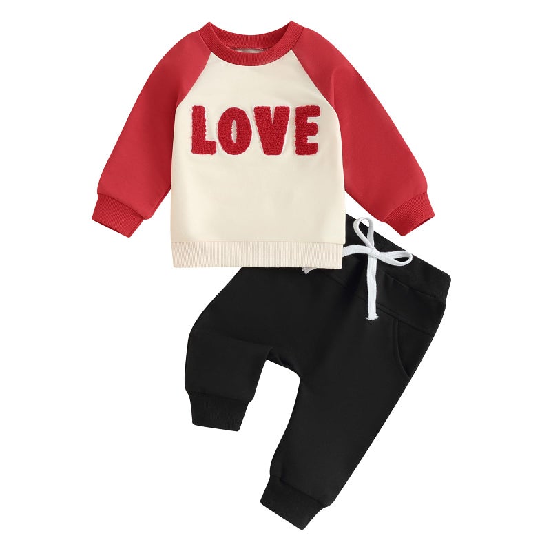 LAGKIYOJ Toddler Baby Boy Girl Valentines Day Outfit Letter Embroidery Sweatshirt Top Pants Kids Infant Fall Winter Clothes (Apricot Red, 6-12 Months) - Image 1