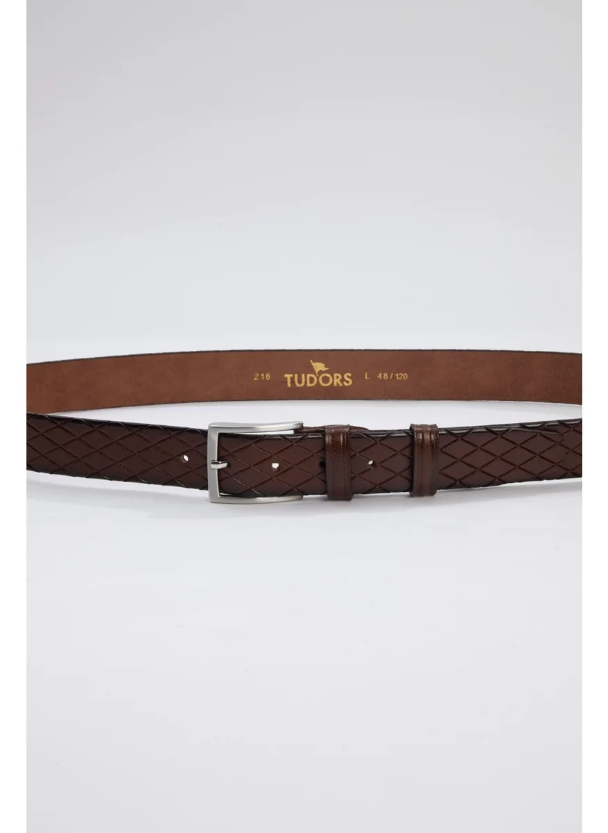 Tudors Men's Leather 3.5 cm Patterned Classic Tan Belt