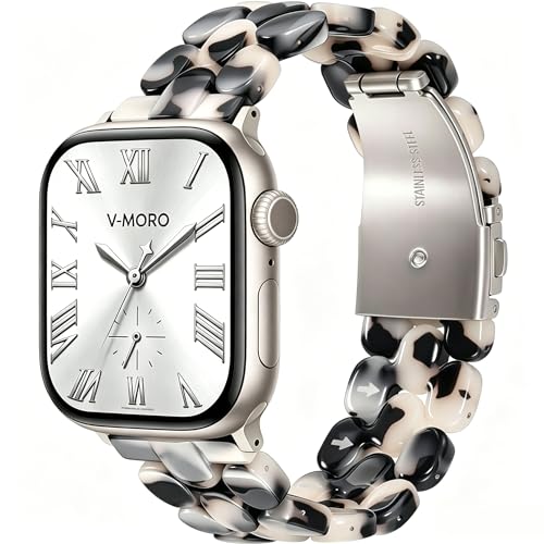 V-MORO Resin Band Compatible with Apple Watch 46mm/45mm/44mm/42mm Women Fashion Dressy Strap Bracelet lightweight Cute Wristband for iWatch Bands Series 11 10 9 8 7 6 5 4 3 2 1 SE2/3(Black Floral) - Image 1