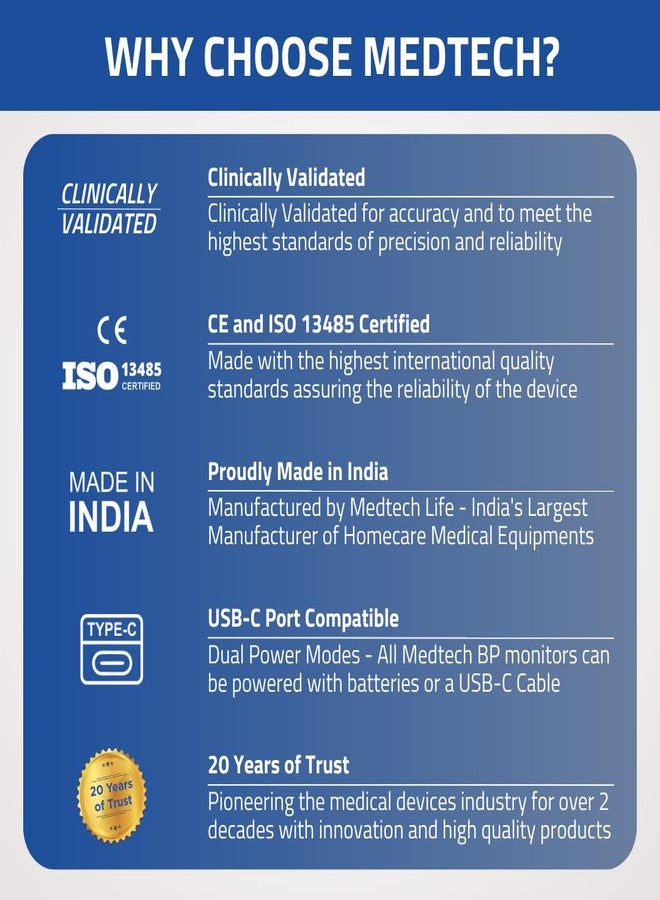 Medtech جهاز قياس ضغط الدم الرقمي المحمول الأوتوماتيكي بالكامل MEDTECH® BP11BL (شاشة بإضاءة خلفية) بتقنية MDD الذكية - مقاس الكفة: 22-42 سم - Image 3