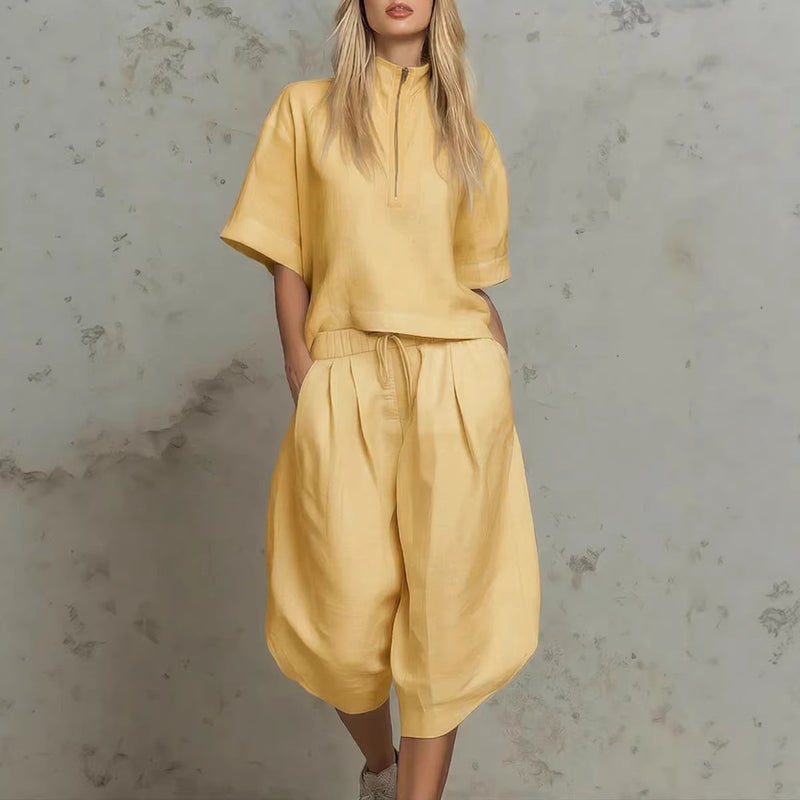 Short-Sleeved Casual Two-Piece Set with Wide-Leg Pants for  Women