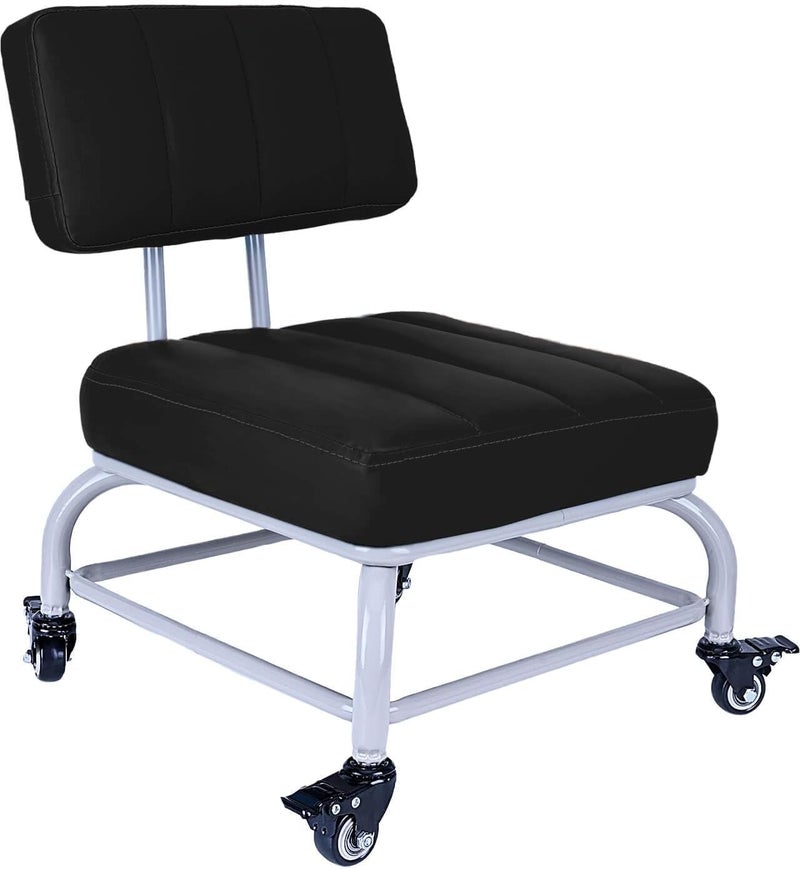 INDIDECOR Indian Decor 72122 Backrest Rolling Stool with Brakes VAPAA TAIDE Roller Chair Heavy Duty Rolling Stools with Wheels for Home Office Garage Mechanic Flooring Cleaning Shop Black 