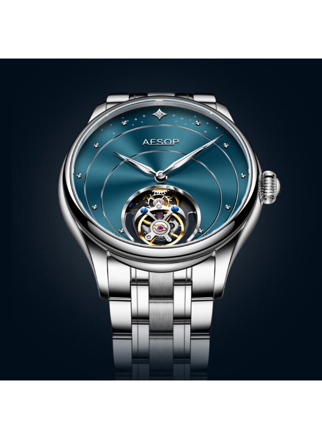 Aesop Spinning Wheel Skeleton Mechanical Men's Watch With Steel Band, Ultra-thin Luminous Waterproof Swiss Quality Wrisch Birthday Gift - Image 1