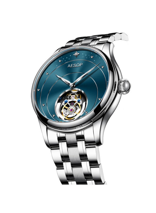 Aesop Spinning Wheel Skeleton Mechanical Men's Watch With Steel Band, Ultra-thin Luminous Waterproof Swiss Quality Wrisch Birthday Gift - Image 2