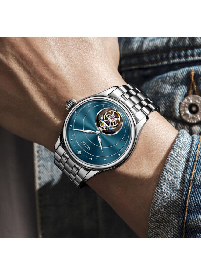 Aesop Spinning Wheel Skeleton Mechanical Men's Watch With Steel Band, Ultra-thin Luminous Waterproof Swiss Quality Wrisch Birthday Gift - Image 4