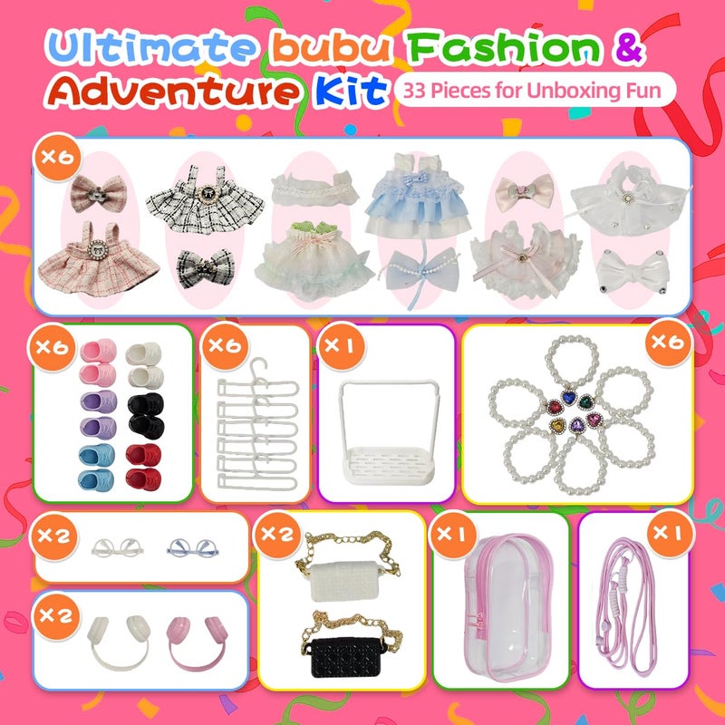 Diaomao 33 Pack Compatible for Labubu Clothes Outfits,Valentines Day Gifts for Her Him,Accessories with 6-Pack Clothes,Camera,6xShoes,Necklaces,Sunglasses,Headphones,Display Rack Storage Bag for 17cm Dolls - Image 3