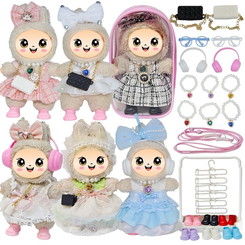Diaomao 33 Pack Compatible for Labubu Clothes Outfits,Valentines Day Gifts for Her Him,Accessories with 6-Pack Clothes,Camera,6xShoes,Necklaces,Sunglasses,Headphones,Display Rack Storage Bag for 17cm Dolls - Image 1