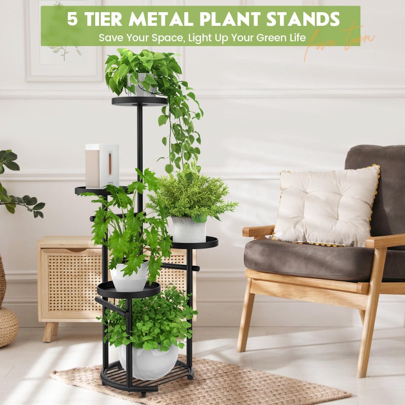 TOSKING 5-Tier Tall Plant Stand Indoor & Outdoor, Anti-Tip Round Base for Pots, Child and Pet Friendly, Heavy Duty Corner Shelf for Multiple Plants, Space-Saving Design for Living Room Balcony Garden (Black, 38in) - Image 2