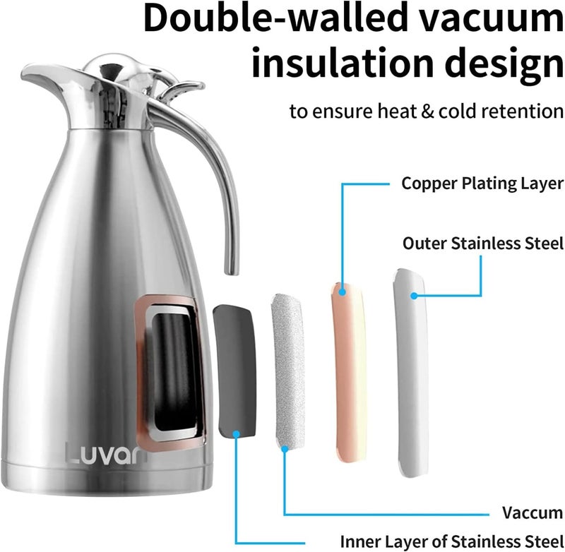 Luvan 2.0L 68oz Food-grade 304 Stainless Steel Thermal Carafe/Double Walled Vacuum Insulated Coffee Pot with Press Button Top,12+ Hrs Heat&Cold Retention,BPA Free,for Coffee,Tea,Beverage etc - Image 3