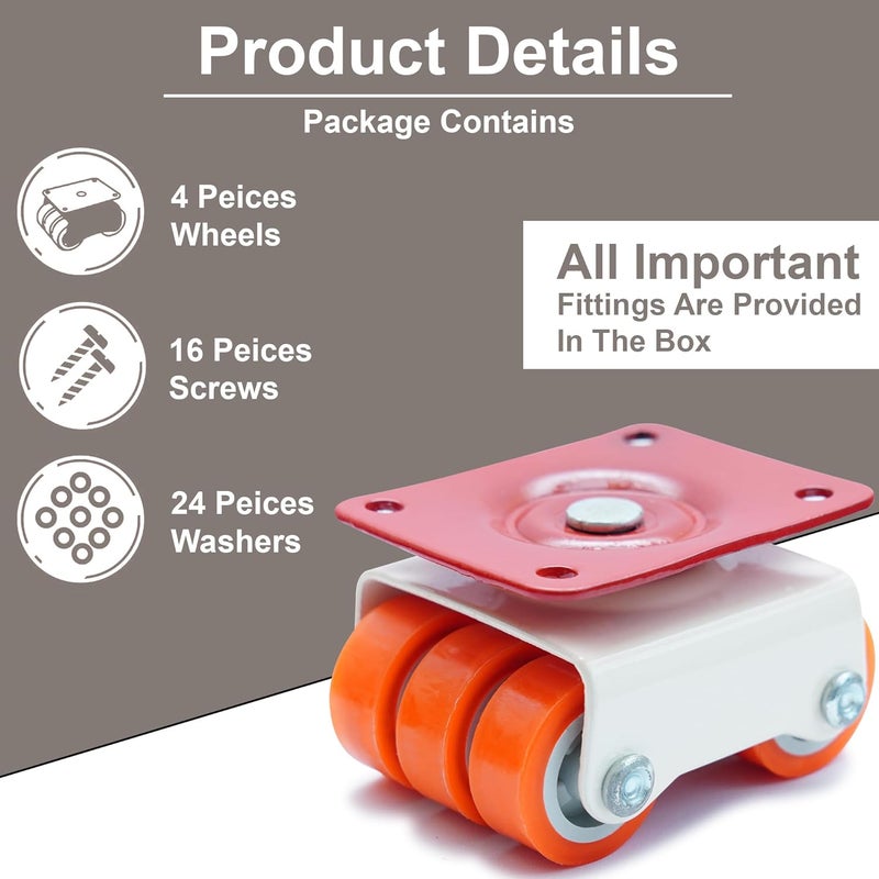 Hepiack 6Wheel Roller Castor Orange 50mm 360 Rotating with Bearings for Furniture Sofa Bed Table Cabinets 550kg Capacity Set of 4 - Image 4