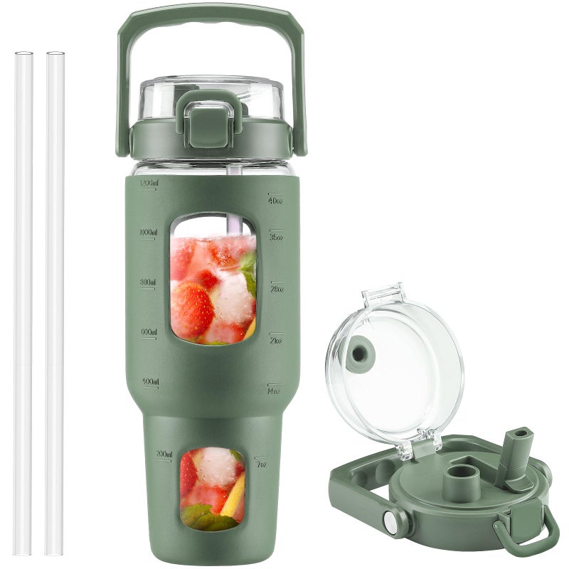 BLUEGO 40 oz Glass Water Bottle with Straw, Leakproof and Time Marker, Wide Mouth for Travel, Gym, Workout, Olive - Image 1