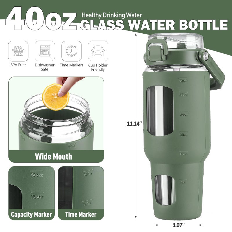BLUEGO 40 oz Glass Water Bottle with Straw, Leakproof and Time Marker, Wide Mouth for Travel, Gym, Workout, Olive - Image 2