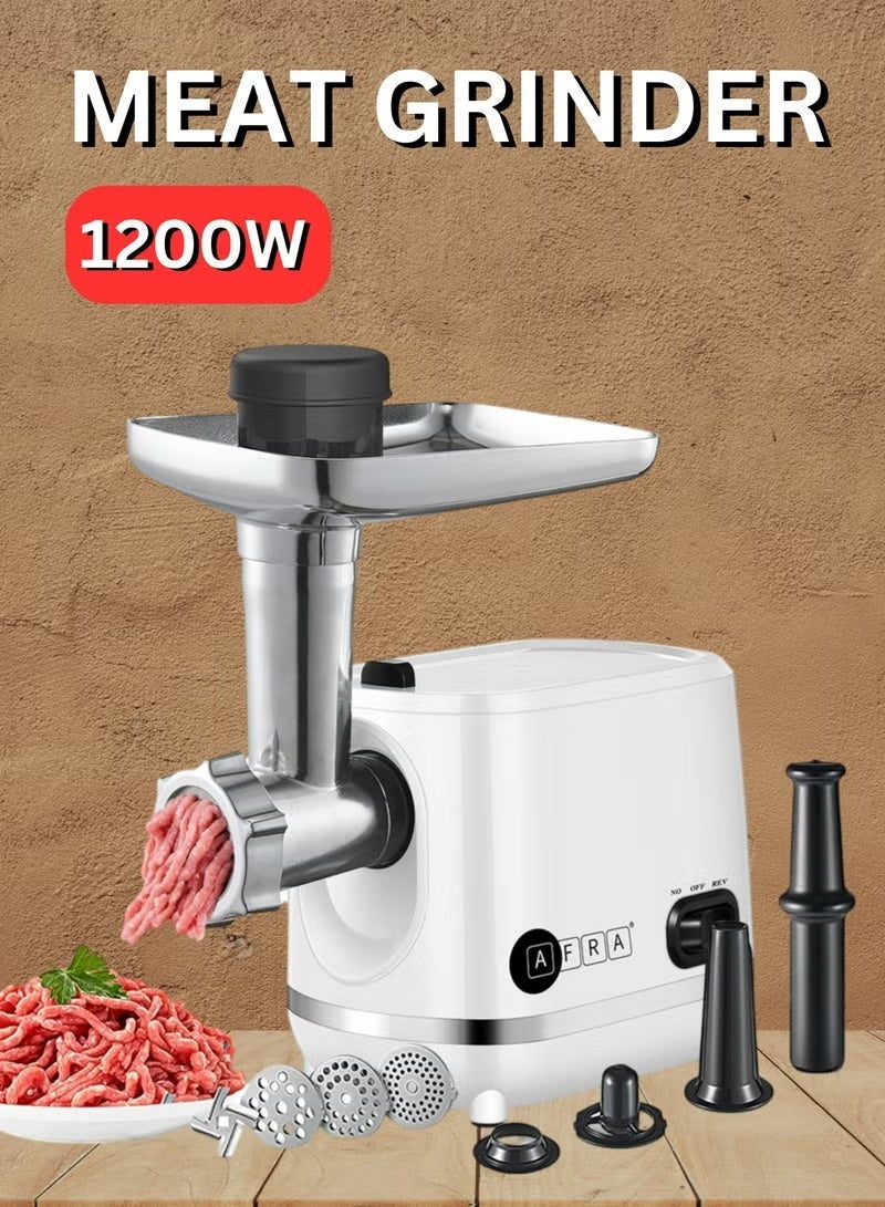 AFRA مطحنة لحم أفرا، 1200 واط، 3 أقراص قطع، هيكل من الألمنيوم، سكين صلب غير قابل للصدأ، دافع تخزين الطعام، ملحق كبة ونقانق AF-1200MGWT، ضمان لمدة 2 سنة - Image 1